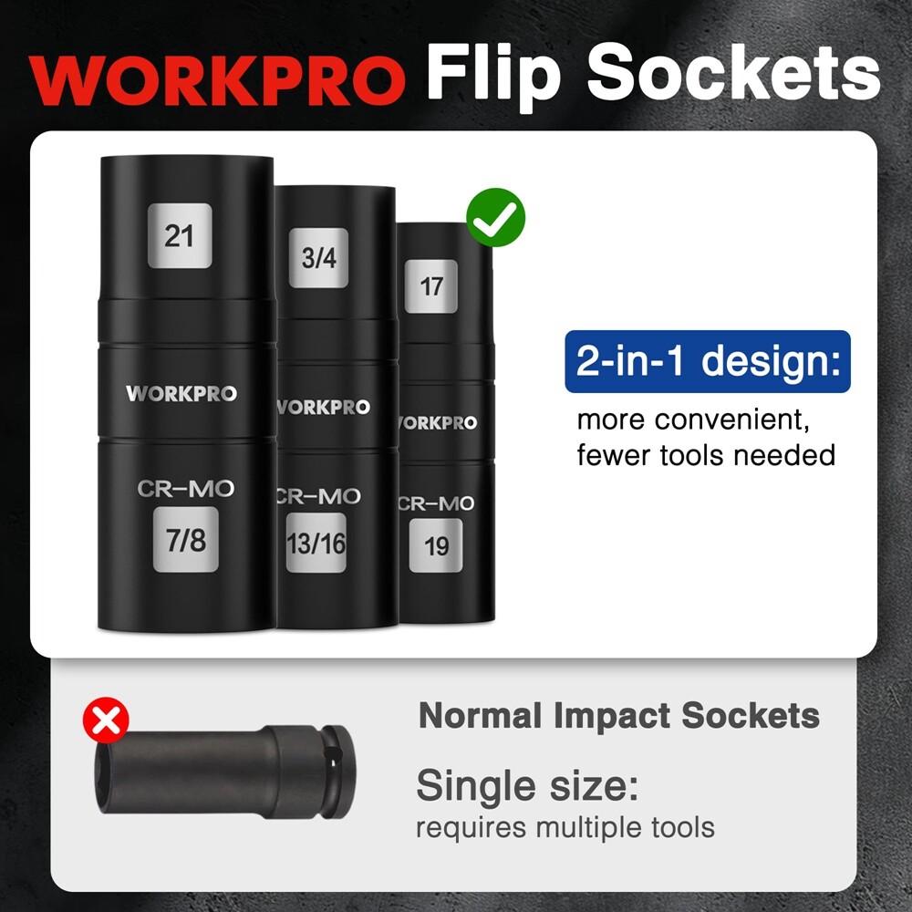 WORKPRO 4PC 1/2″ Dr Impact Socket Set Lug Nut Wheel 3″ Extension Bar Flip Socket