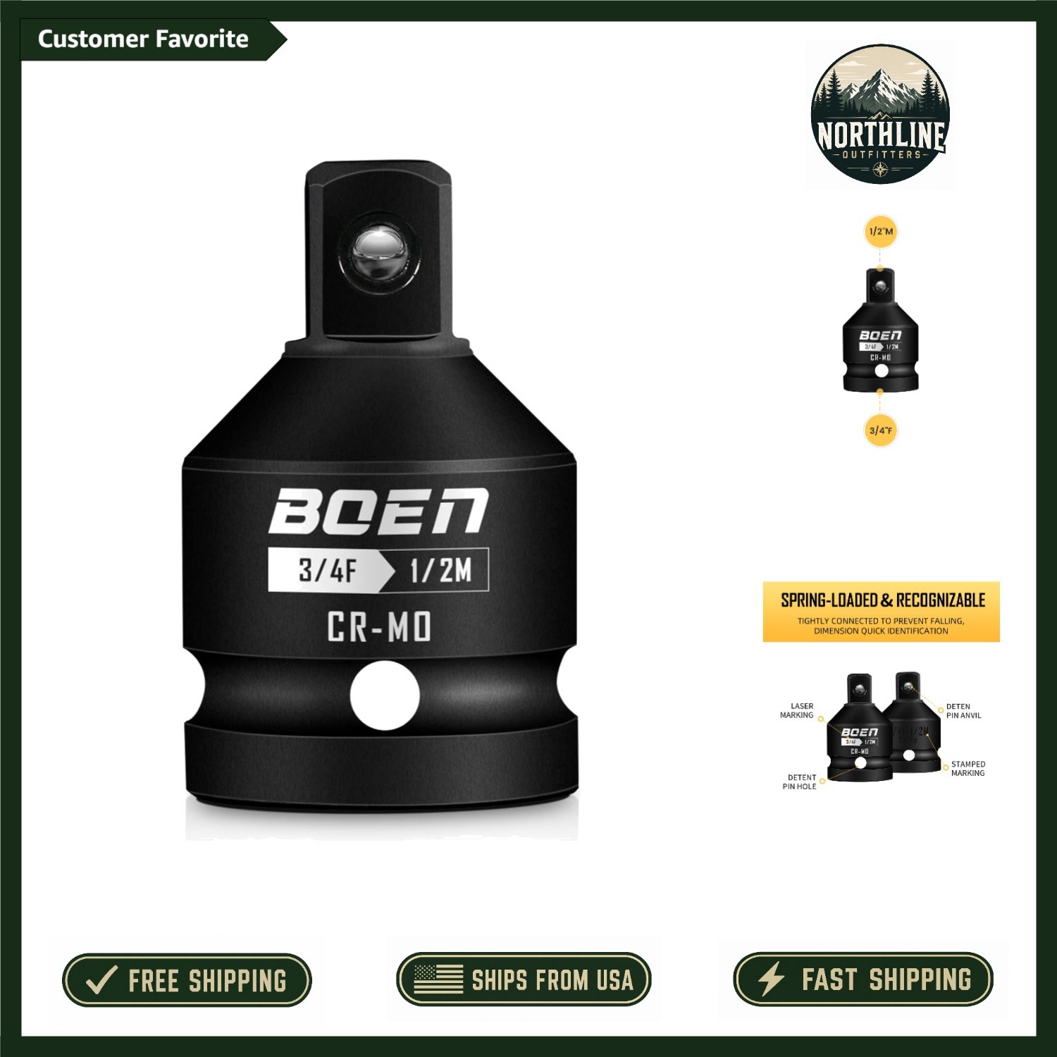 Compact Cr-Mo Steel Impact Socket Adapter, 3/4″F to 1/2″M – Wide Compatibility