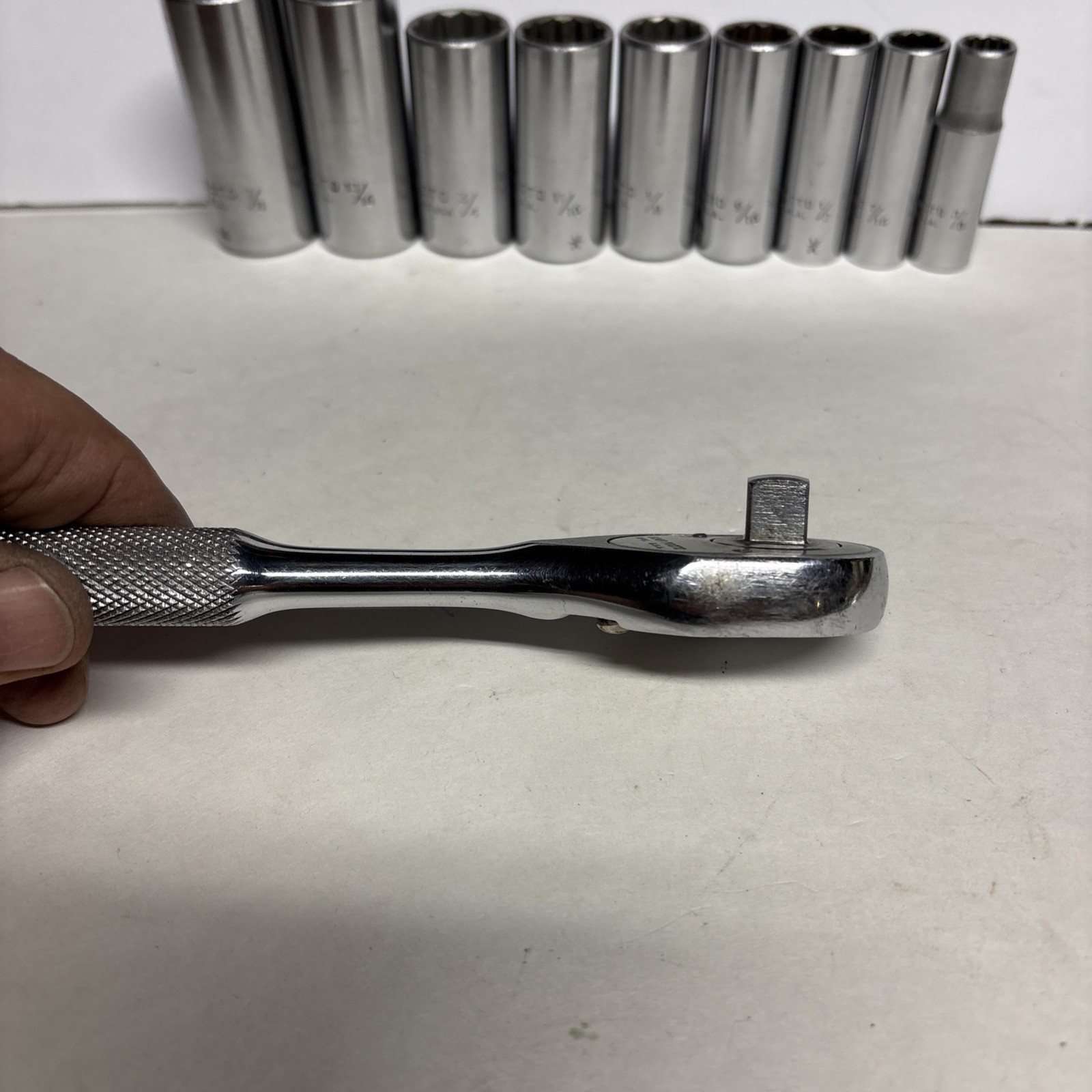 PROTO 3/8” Ratchet No. 5249 & PROTO 9 Piece 3/8” Drive Deep 12pt. Sockets U.S.A.