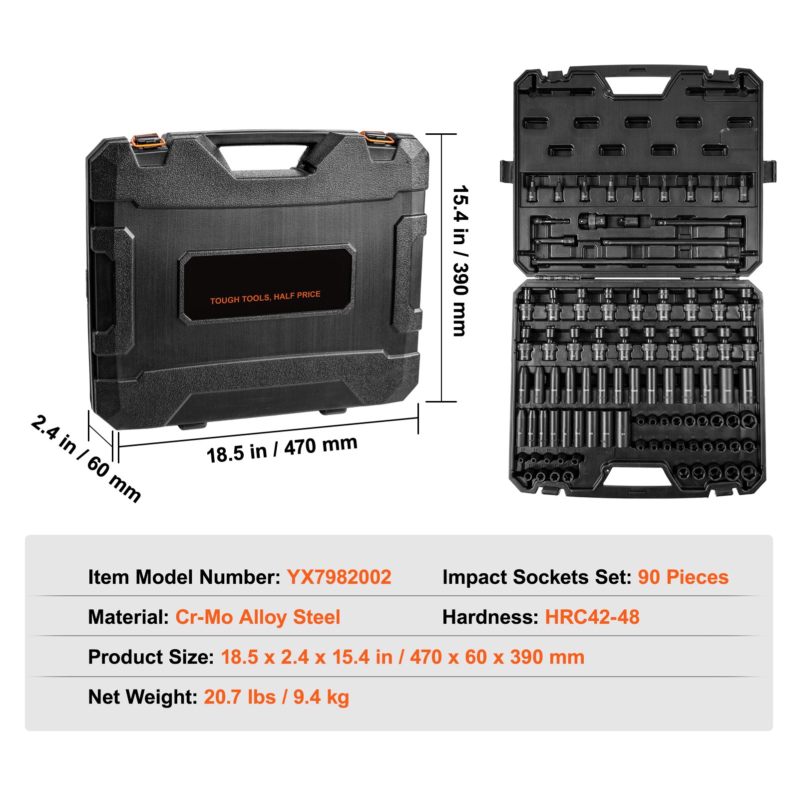 VEVOR Impact Sockets Set 90pcs 6-Point 3/8in Drive Bit Ratchet Tool Kit Case