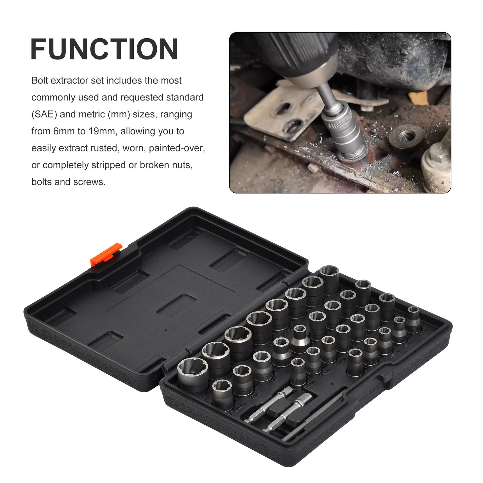 32pc Bolt Extractor Set, Impact Bolt & Nut Remover Set, 1/4″ & 3/8″ Square Drive
