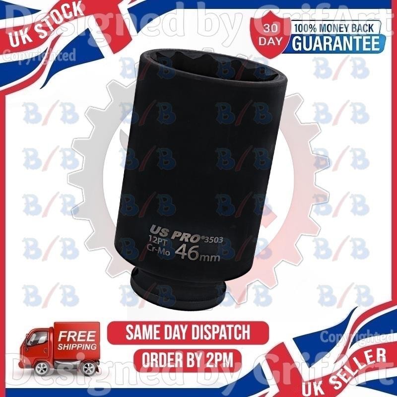 US PRO 46MM HUB NUT IMPACT SOCKET 1/2″ DRIVE 12PT BI HEX EXTRA DEEP LONG REACH