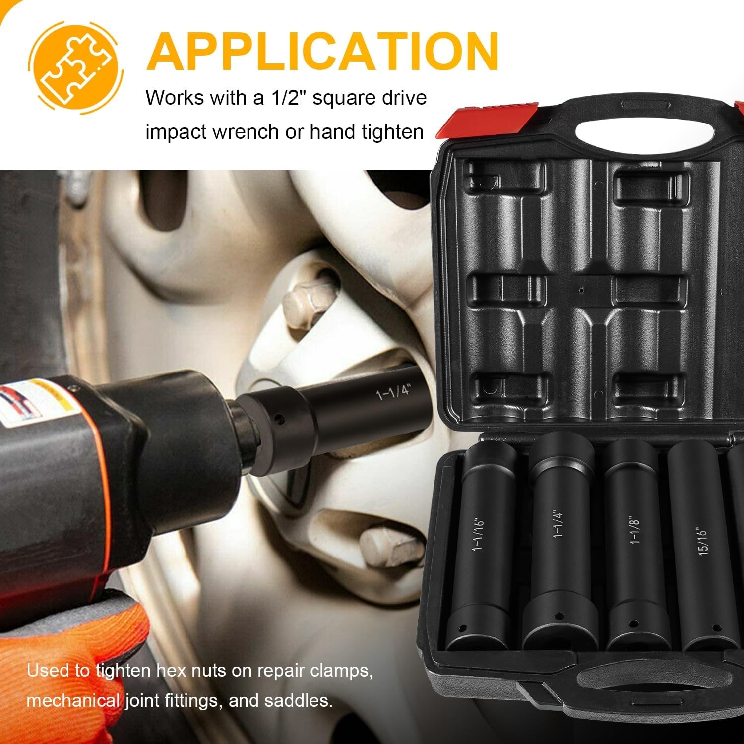 1/2» Drive Heavy Duty Extended Length Impact Socket Set With Case (6PCS)