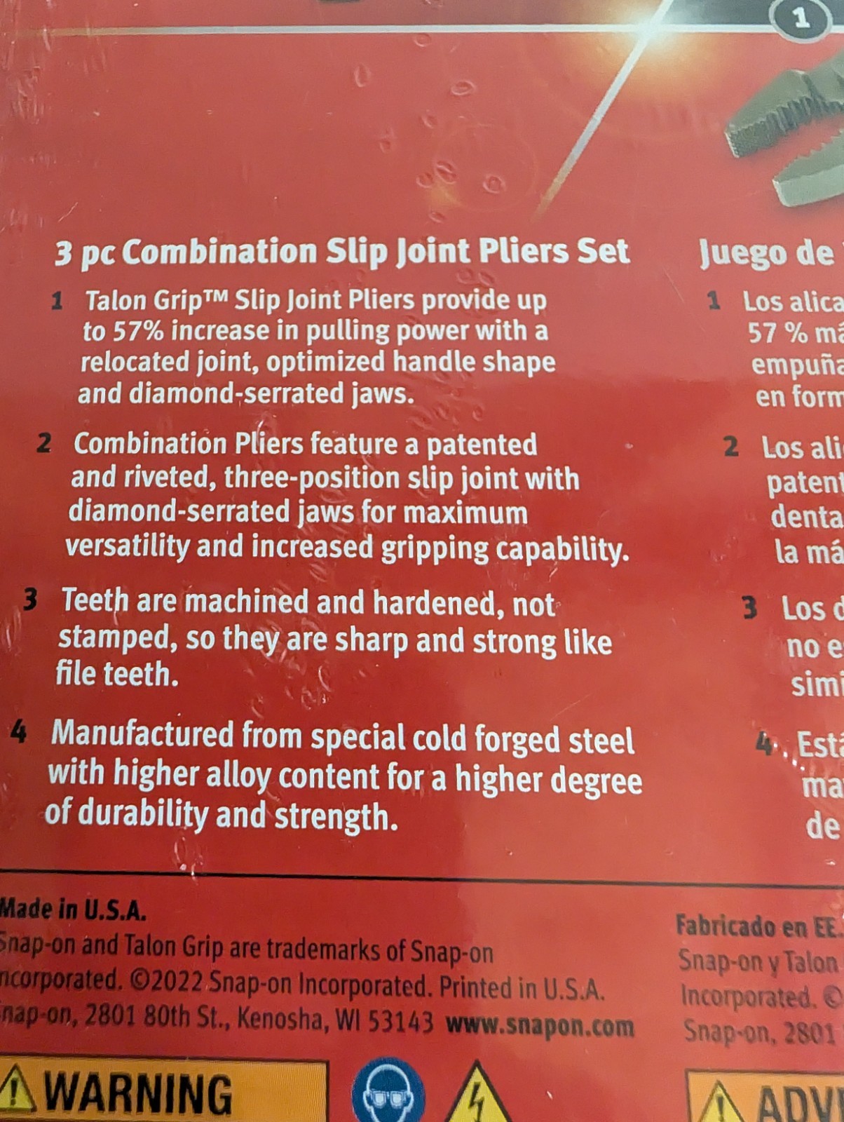 Snap on Tools New PL403AG 3 Piece Green Combination Slip Joint Pliers Set USA
