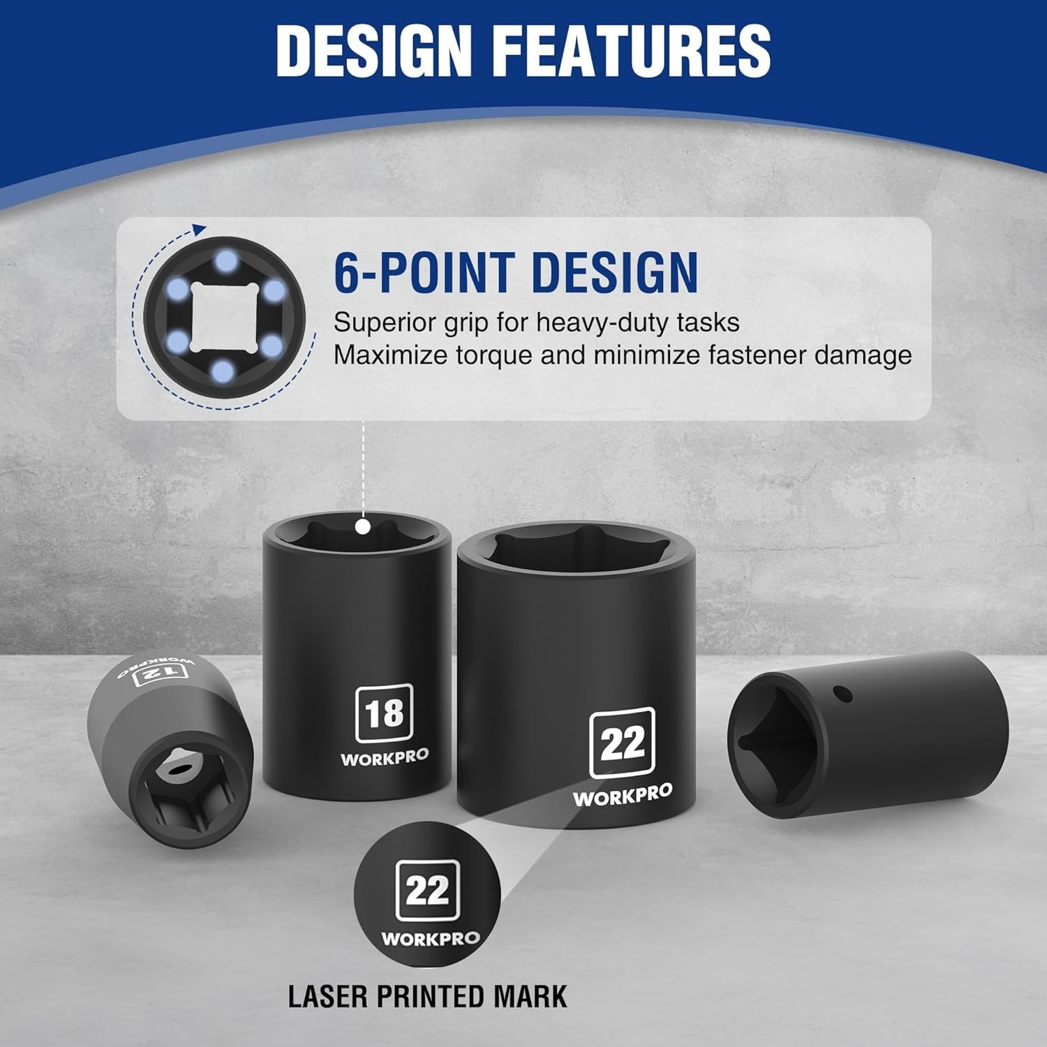 1/2” Drive Shallow Impact Socket Set, Metric Cr-V Steel 6-Point Socket Set wi…