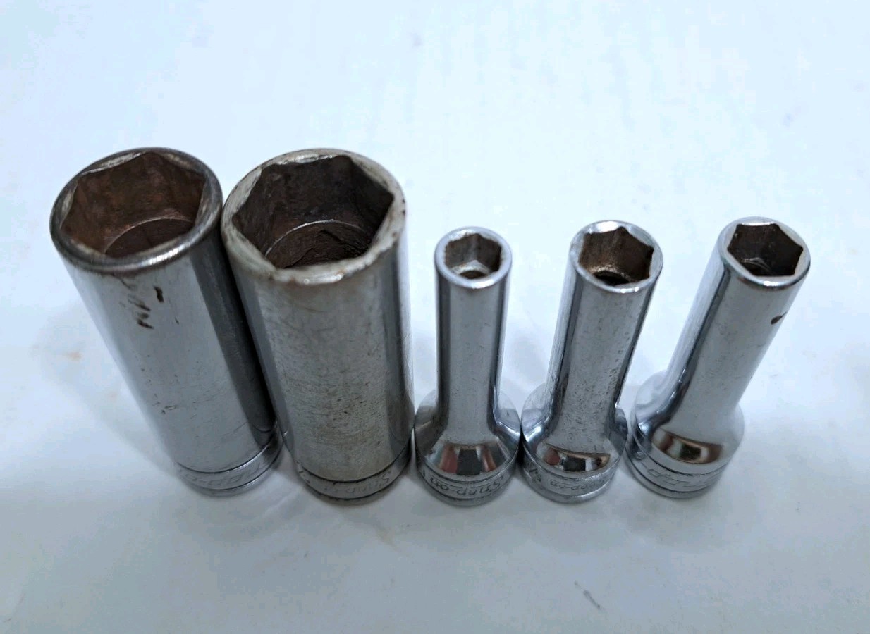 Lot of 5 Snap-on Tools USA Deep Socket 3/8″ Drive 6 Point SFS101 SFS081 SFS201