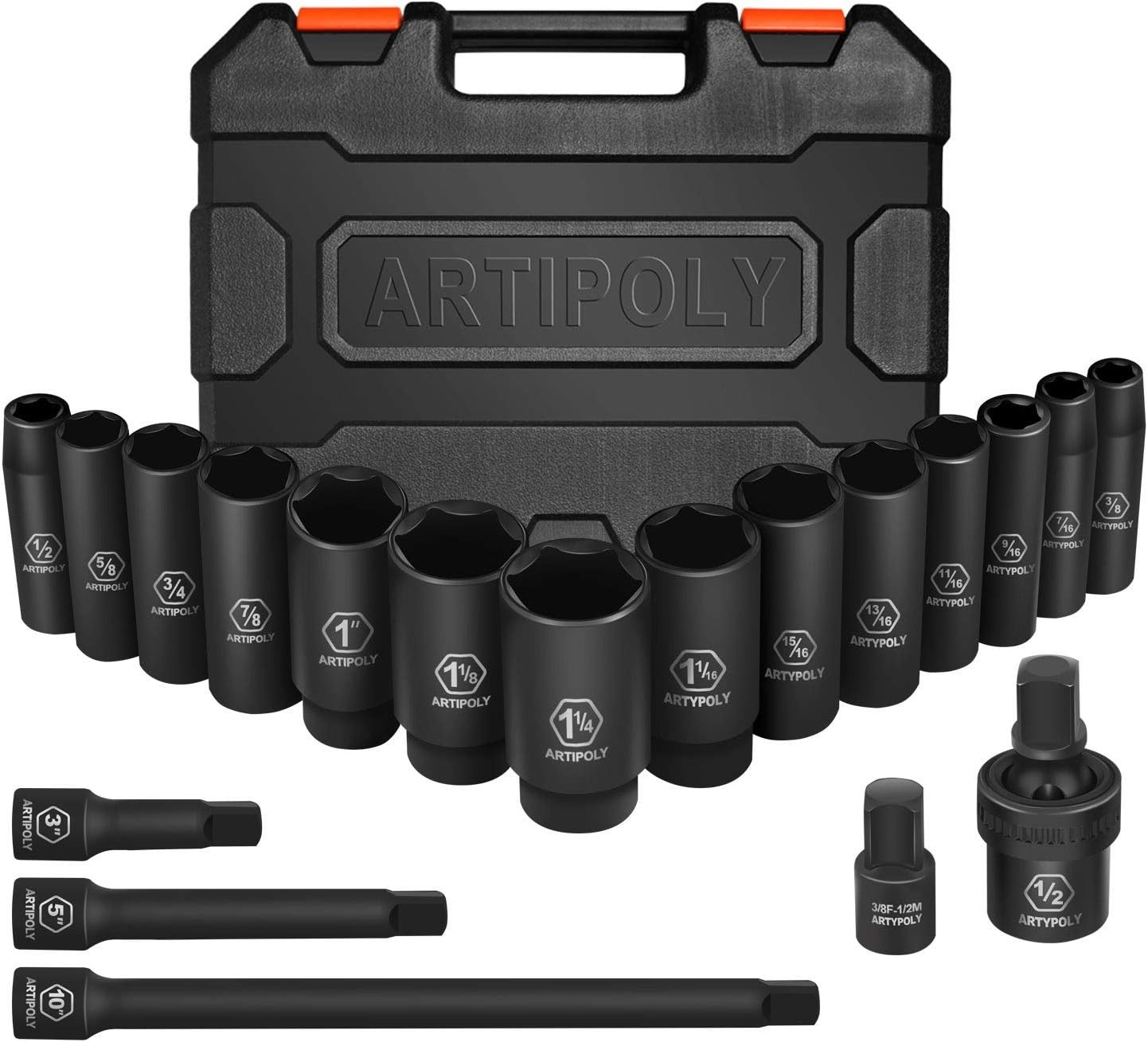 1/2″ Drive Deep Impact Socket Set, 19 Pc Cr-V Steel