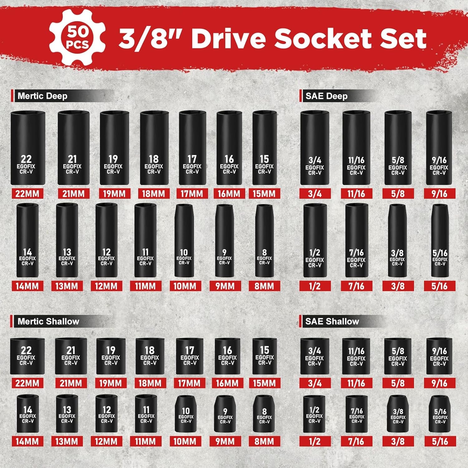 3/8″ Drive Impact Socket Set, 50 Piece Standard SAE (5/16 to 3/4 3/8″, 50pcs