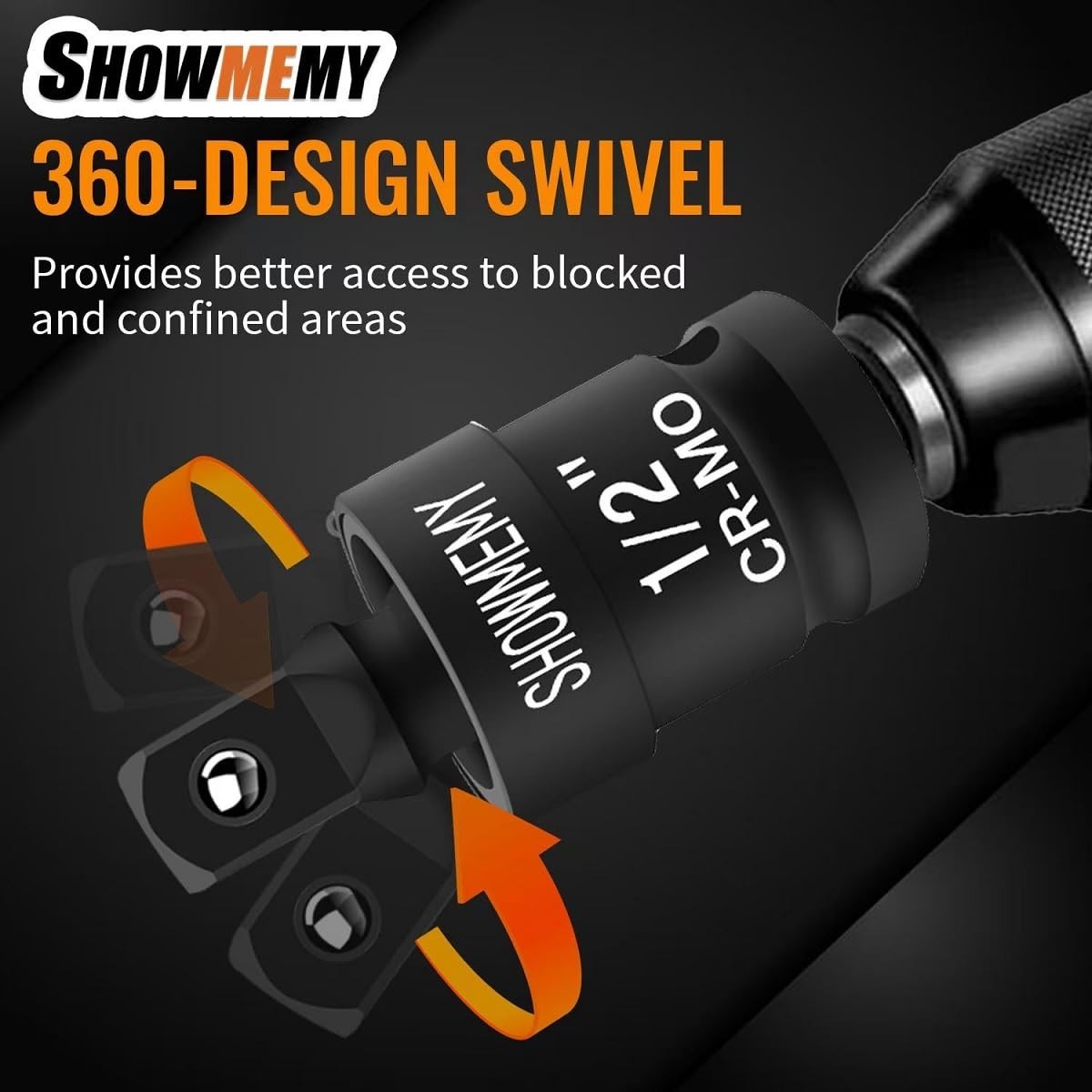 3-Pc Impact Swivel Socket Set with Adapters, Wobble Socket, Cr-Mo Steel, 1/4″-1/