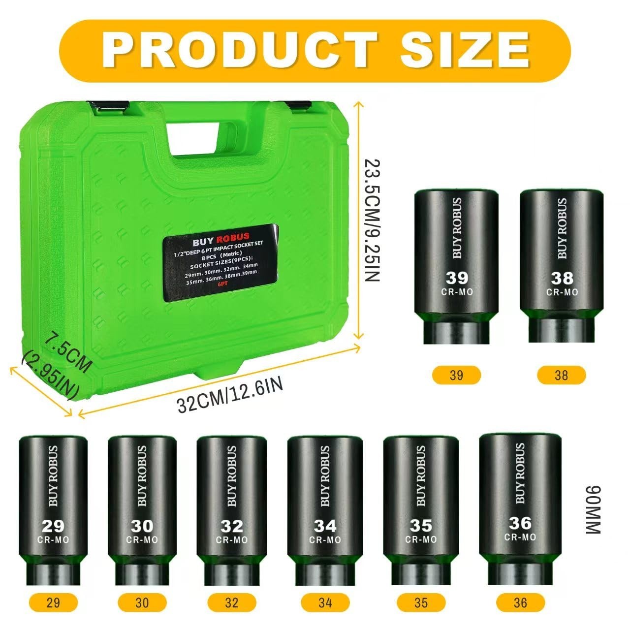 8PC 1/2″ Deep Impact Socket Set – Metric Axle Nut, CR-MO, 6 Point, 29-39mm
