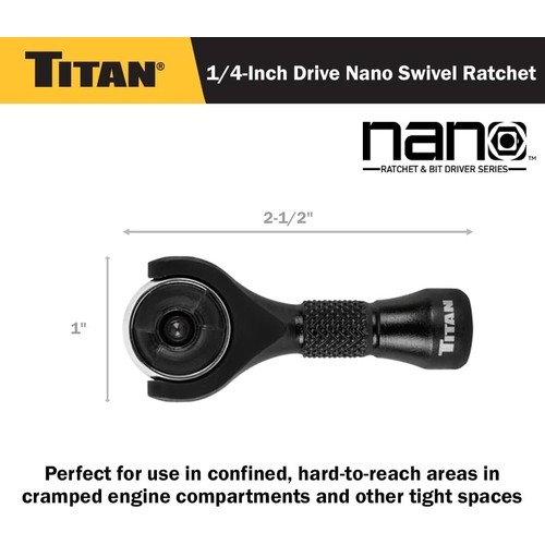 TITAN 11330 Nano Swivel Ratchet, 1/4″ Drive, 90 Tooth, 250 Degree Swivel Head