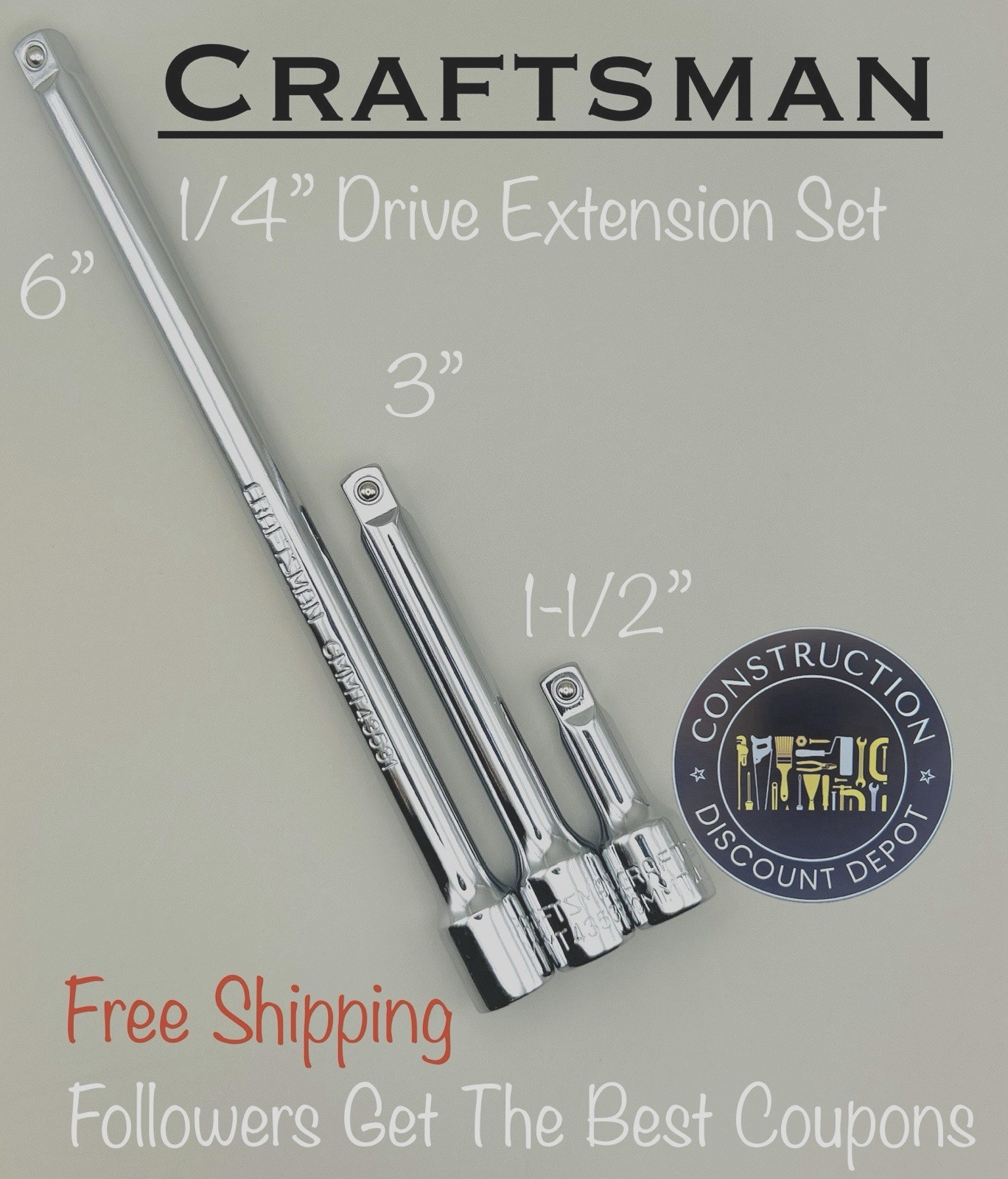 Lot of 3 Craftsman 1/4″ Drive Sockets 3″ 6″ & 1-1/2″ Extension Bar Set CMMT