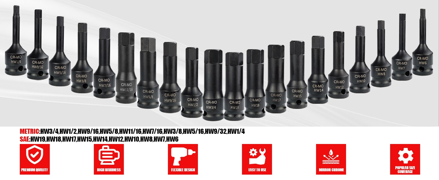 1/2″ Drive Master Impact Hex Bit Set SAE Metric Hex Head Driver Allen Bit Socket