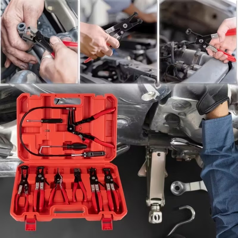 Automotive Flexible Hose Clamp Clip Pliers Kit Swivel Jaw Flat Angled Band Tool