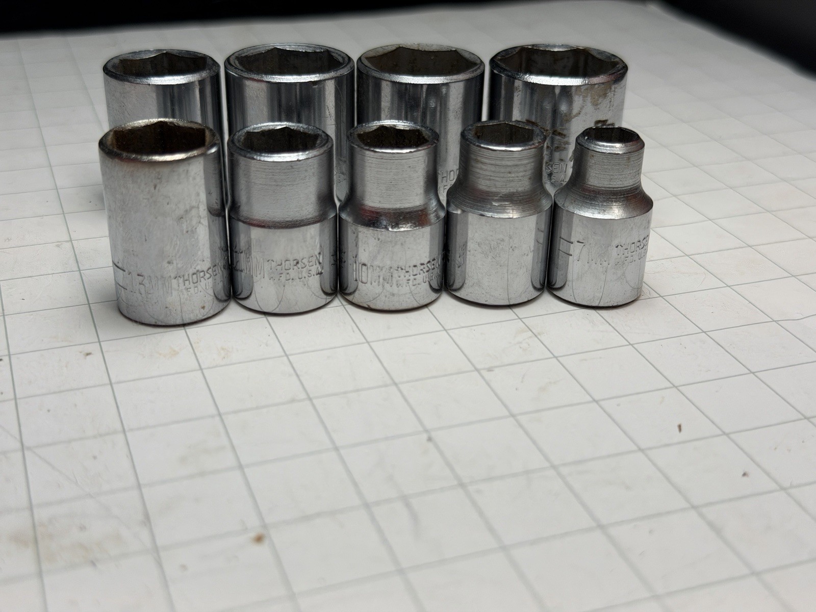 Lot of 9 Thorsen USA Metric 3/8 drive sockets, 19, 18, 17, 15, 13, 11, 10, 9, 7