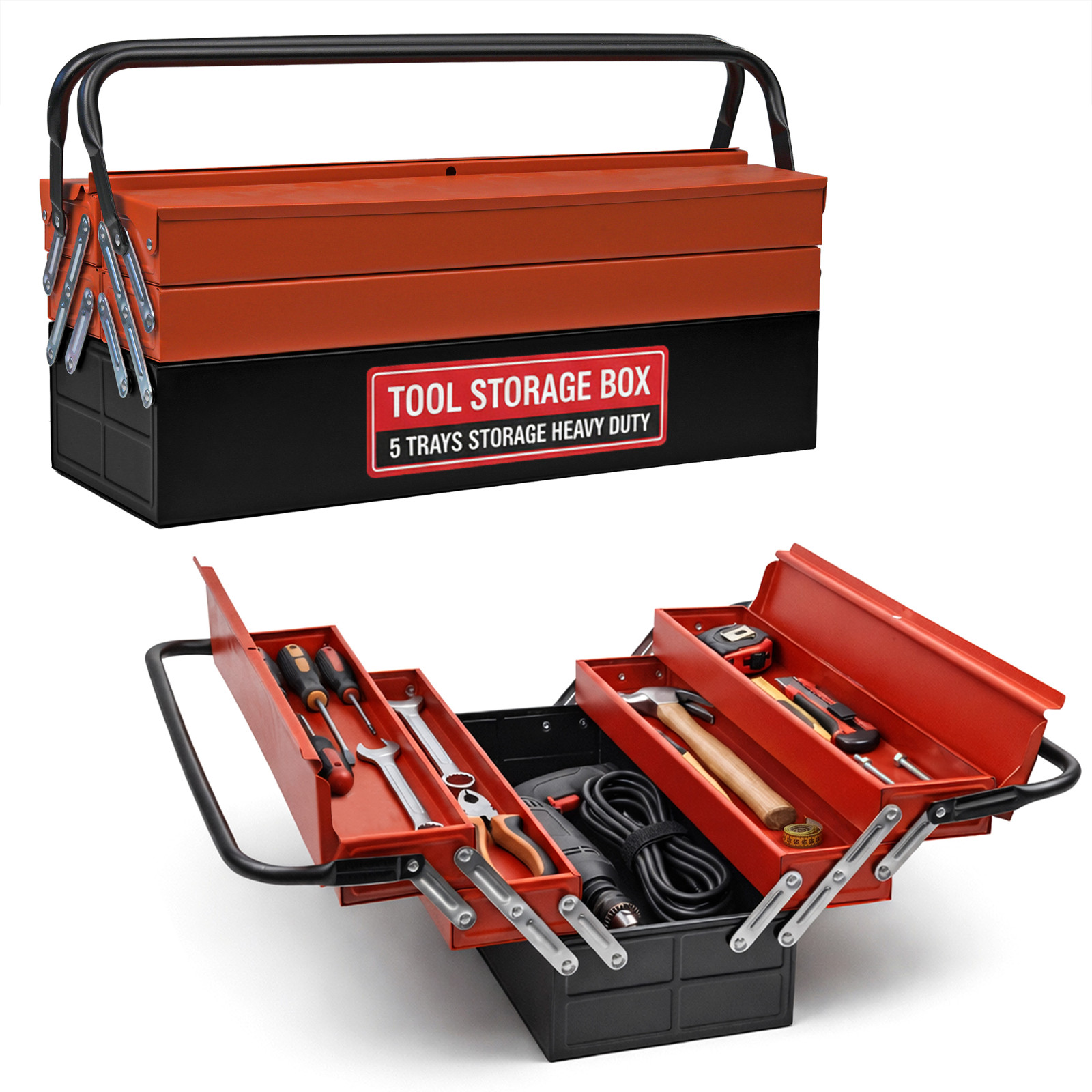 Heavy Duty 25″ 470mm Metal Cantilever 5 Tray Toolbox Storage Tool Box Red New