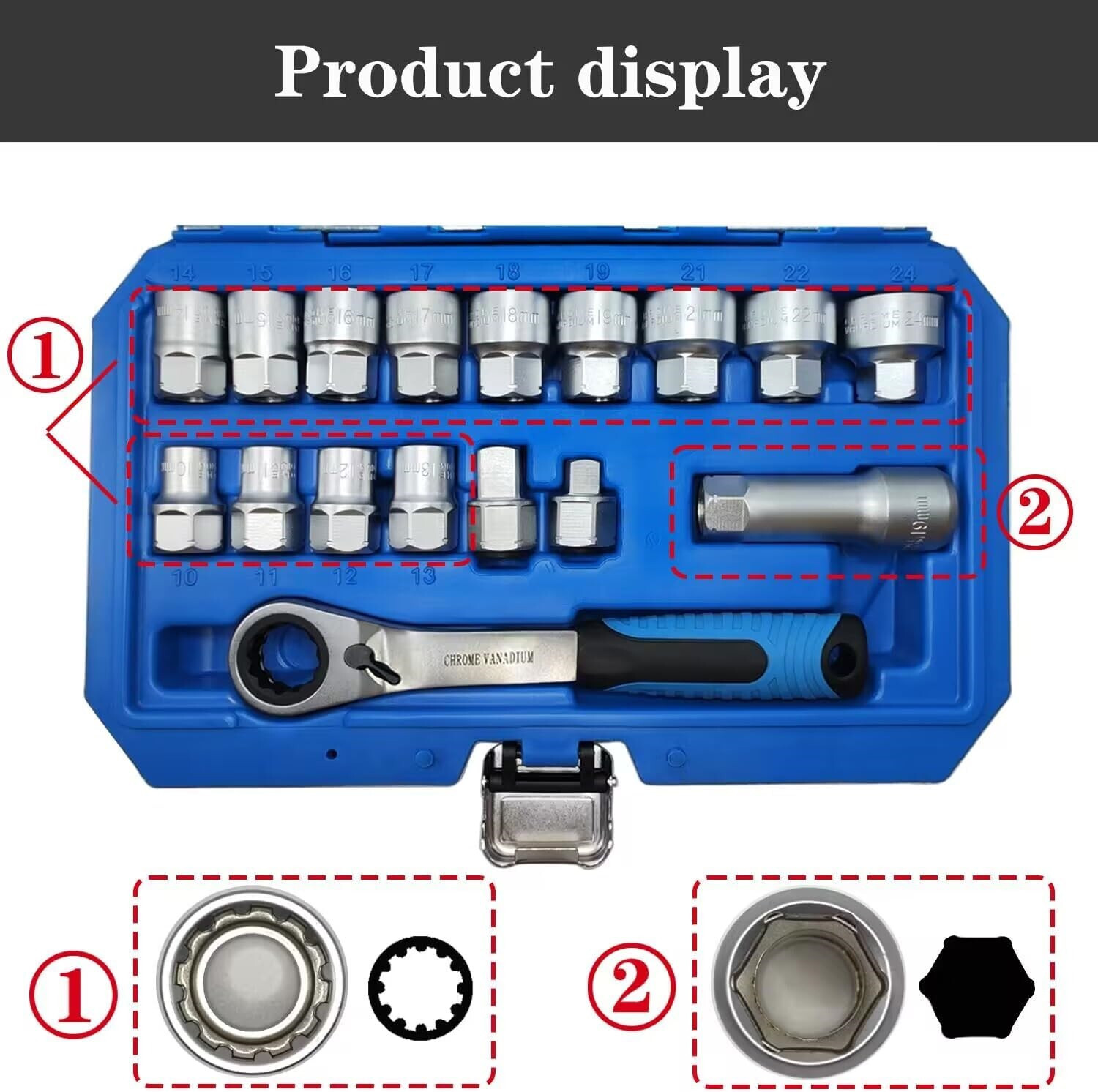 Pass Through Socket Set Go Thru Ratchet Wrench Tool for Hex Square E-Torx Spline