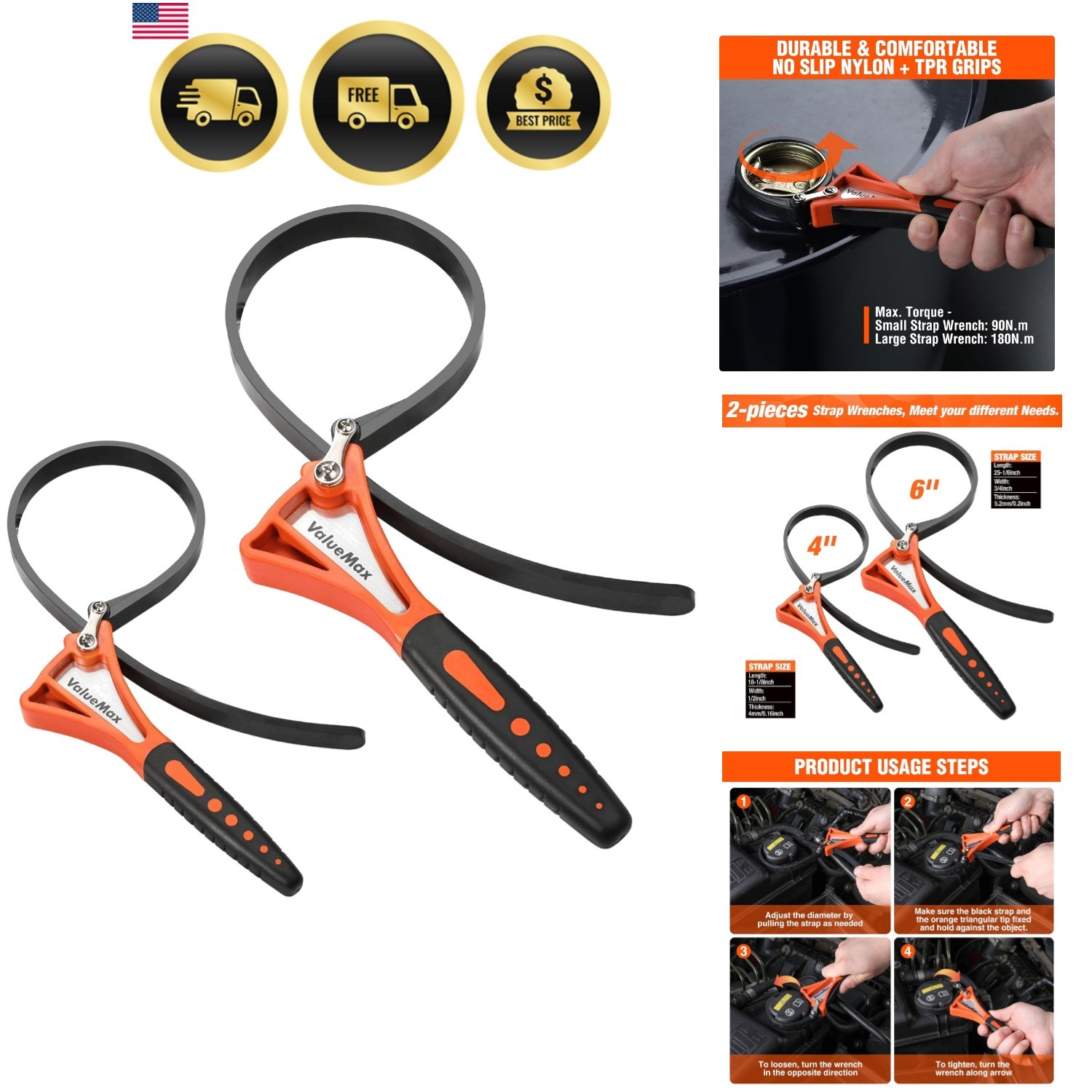 2-piece Strap Wrench Set, Adjustable Oil Filter Wrench with Max Diameter 4″ S…