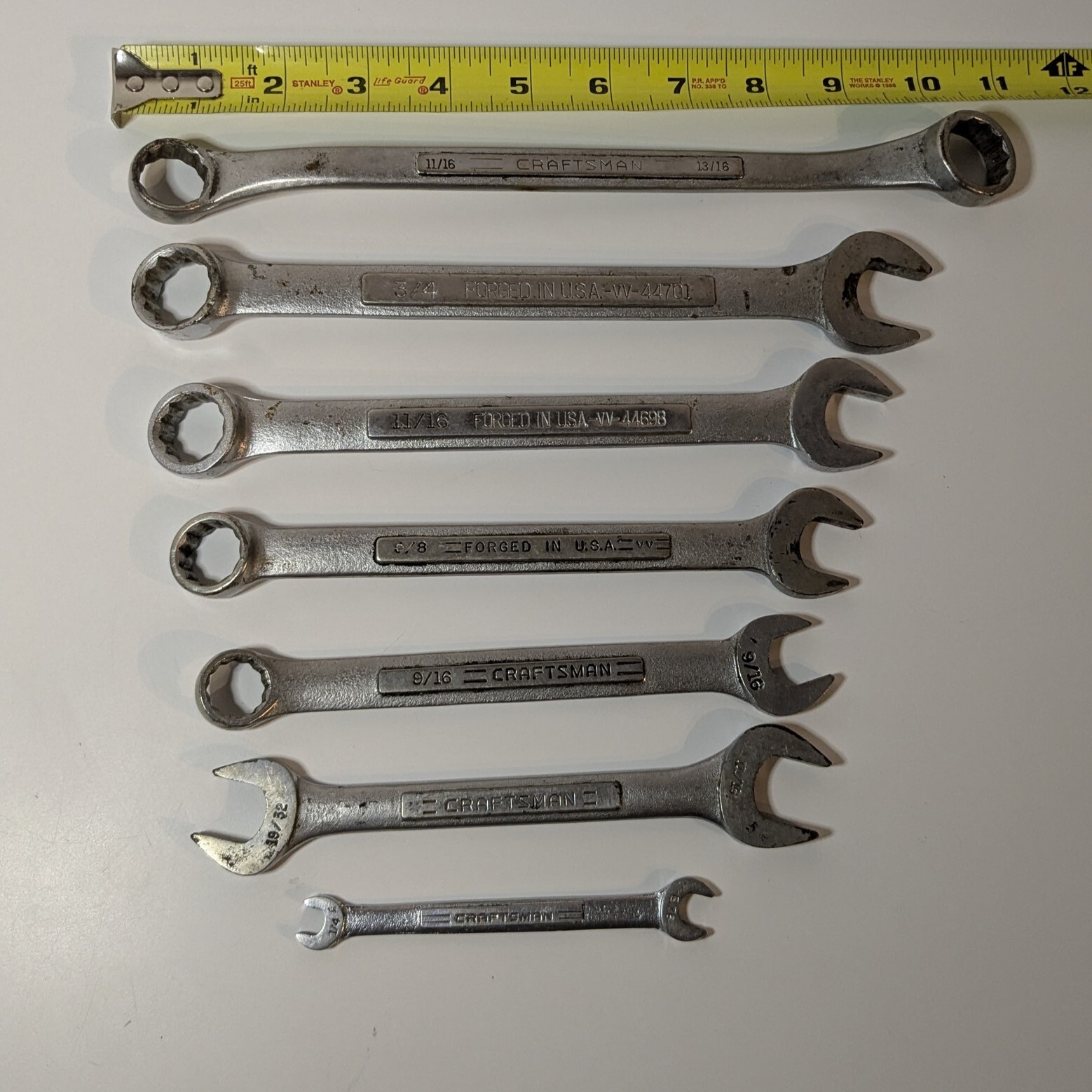 Lot of 7 Vintage Craftsman U.S.A. Wrenches, Various Size Hand Tools, Forged