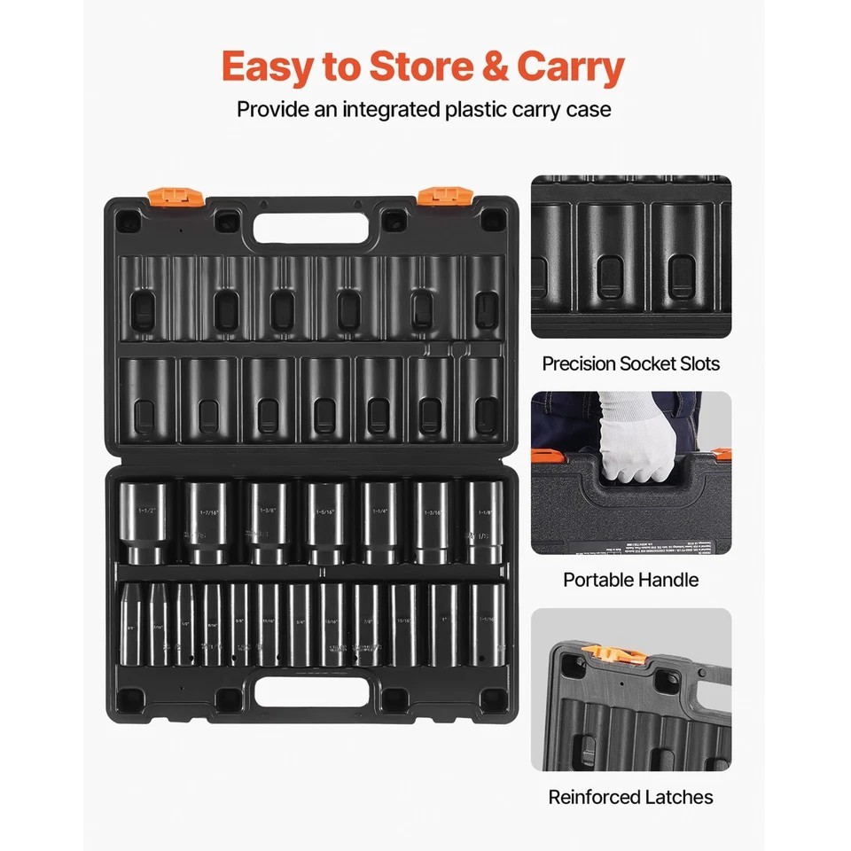 19 Pcs Impact Socket Set 1/2 Inch Drive 3/8 inch to 1-1/2 inch Deep Length