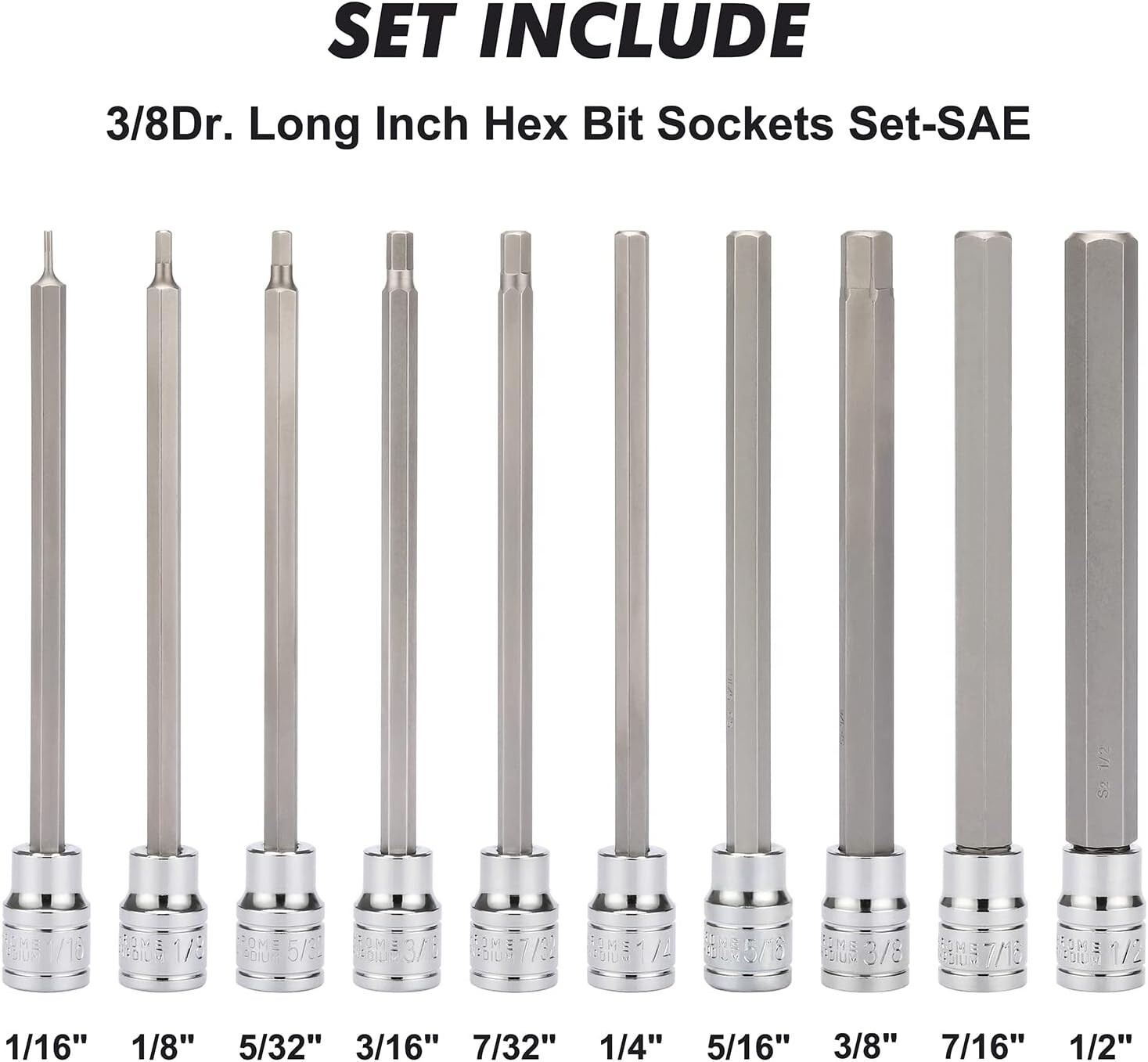 10pcs 3/8″ Drive Long Hex Bit Set 1/16 Inch to 1/2 Inch Socket Set CR-V and S2