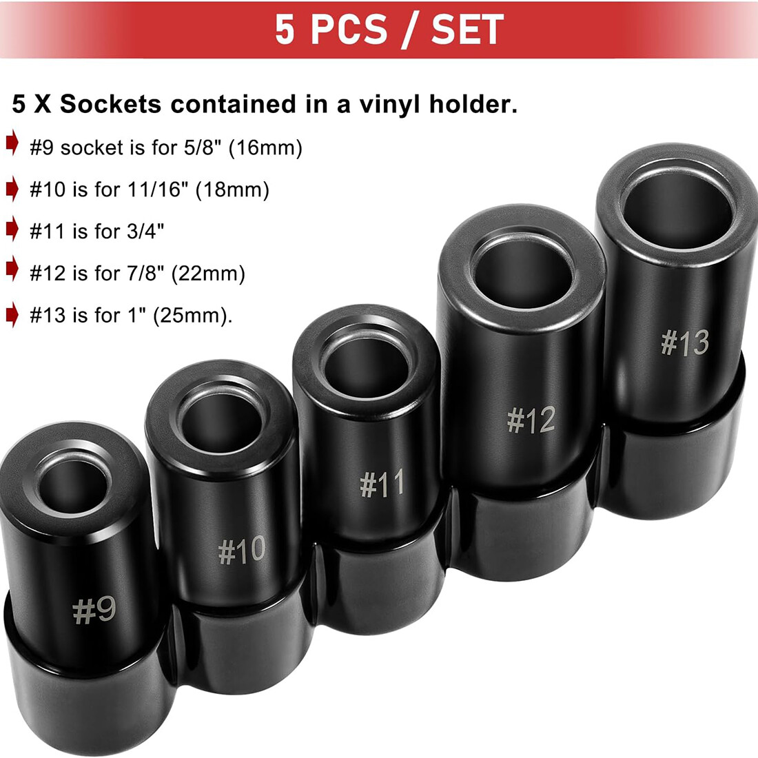 71670 Large Tap Socket Set For 5/8″, 11/16″, 3/4″, 7/8″ and 1″ Taps, 1/2″ Drive