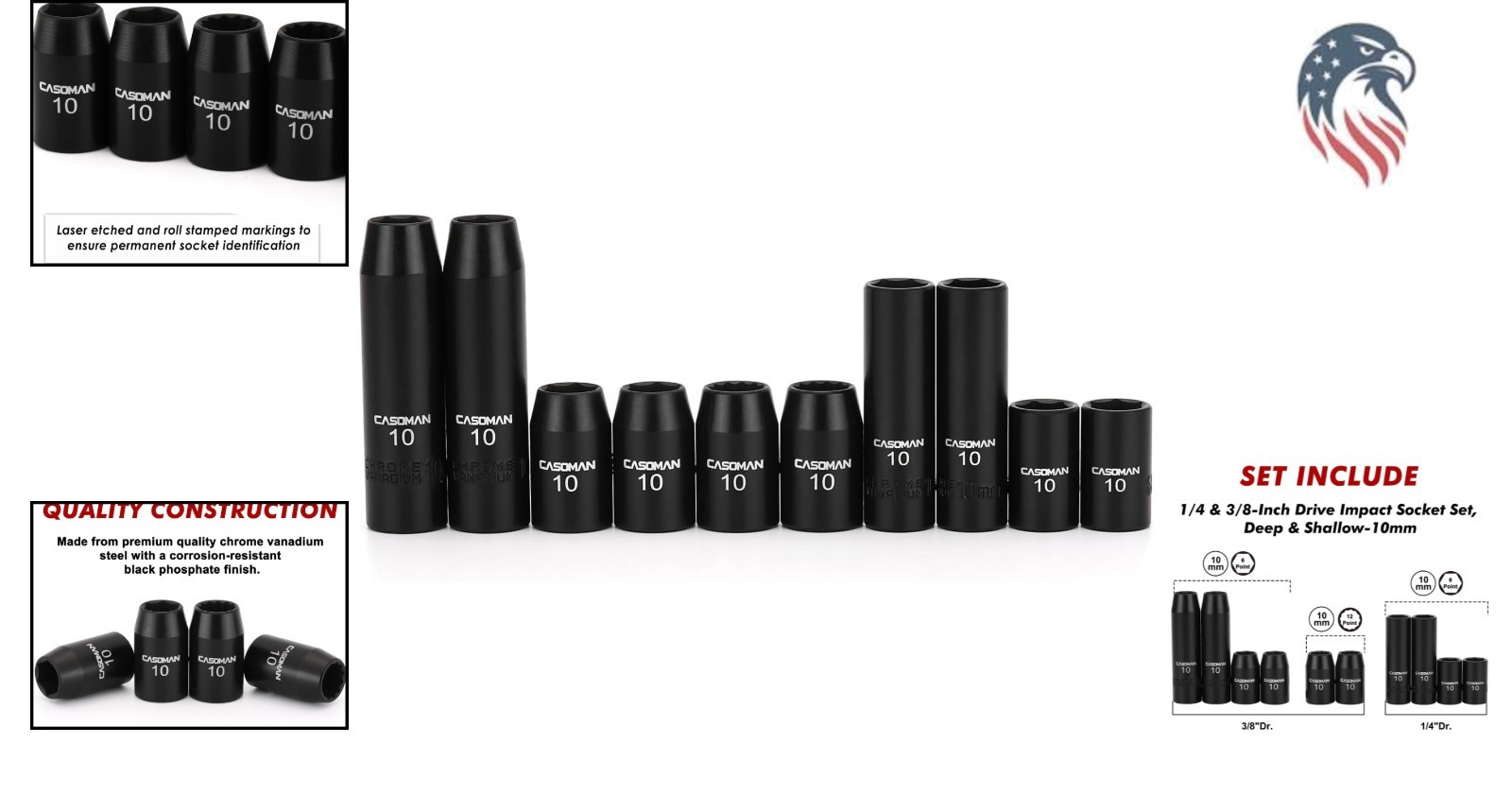 Impact Socket Set 10pcs 10mm Chrome Vanadium 1/4 3/8 Drive Black Finish