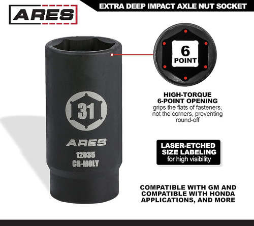 ARES 12035-31MM Axle Nut Socket – 6 Point – Extra Deep 31mm 6-Point
