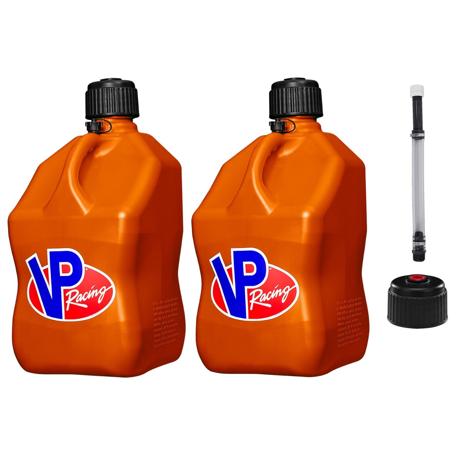 VP Racing Square Fuel Jug 5 Gallon Orange x 2 – With Spare Cap and Filler Hose