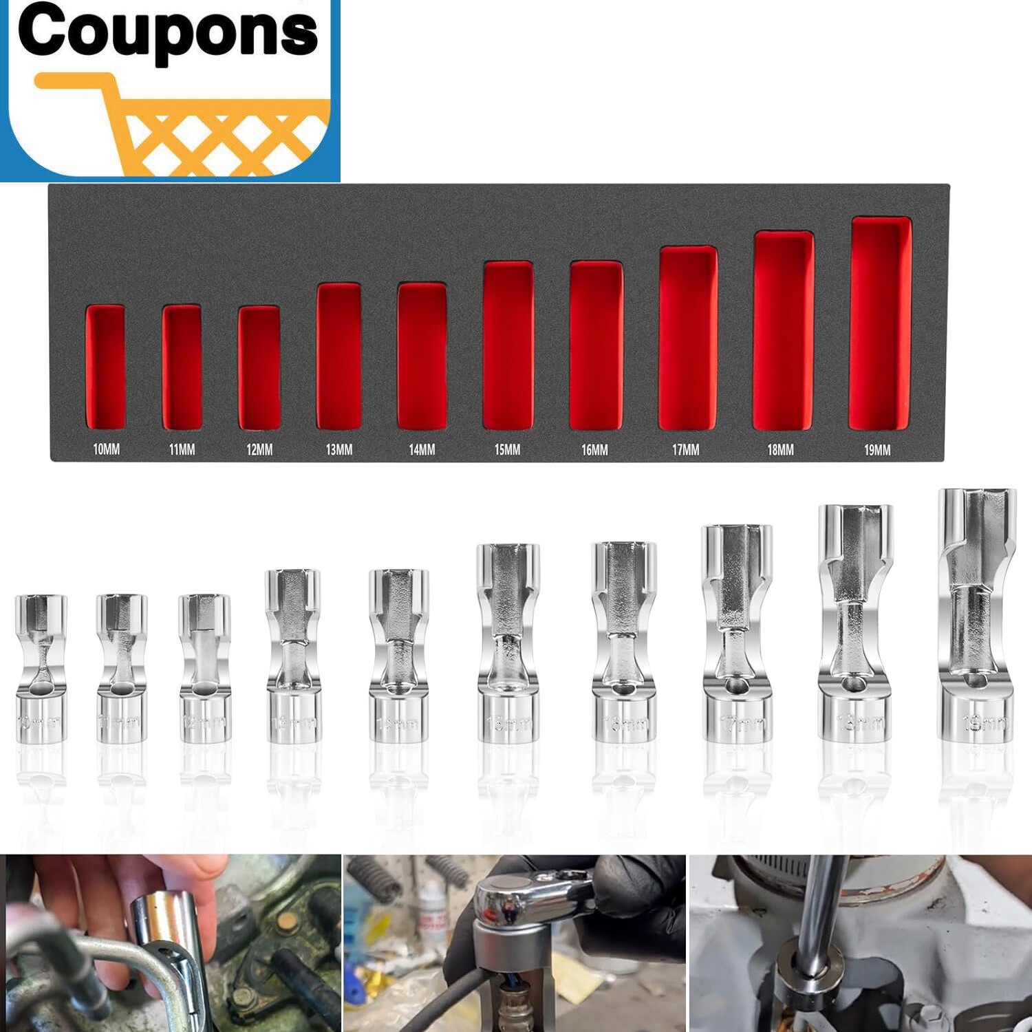 12030 10 Piece 3/8″ Drive Flare Nut Socket Set 10/11/12/13/14/15/16/17/18/19mm