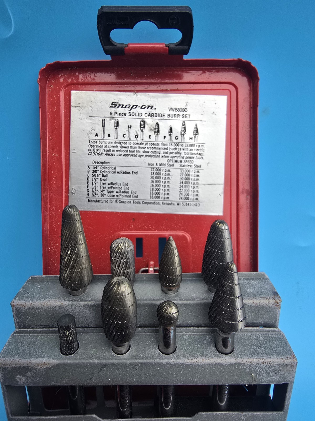 Snap-on. VWB80OC 8 Piece SOLID CARBIDE BURR SET Used Very Good Condition