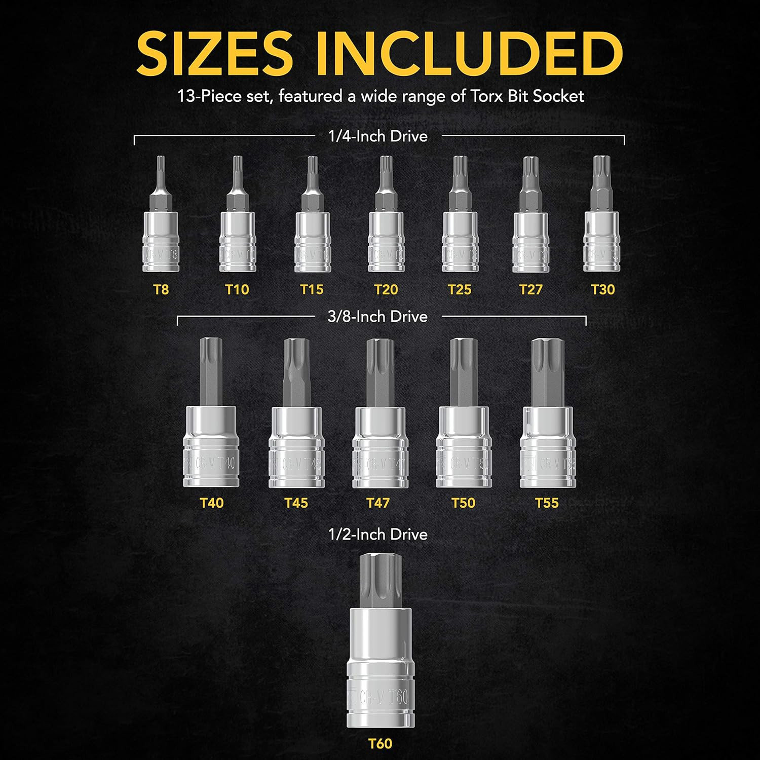 Torx Bit Socket Set, Premium S2 Alloy Steel | 13-Piece Star T8 – T60 Set | Enhan