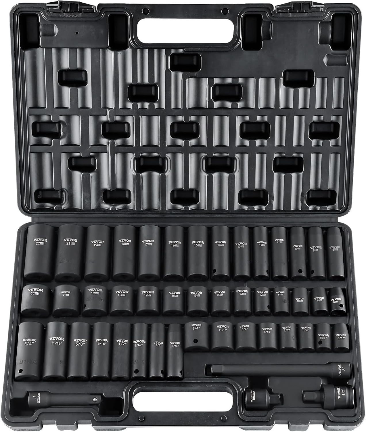 VEVOR Impact Sockets Set 48pcs 6-Point 3/8in Drive Bit Ratchet Tool Kit Case
