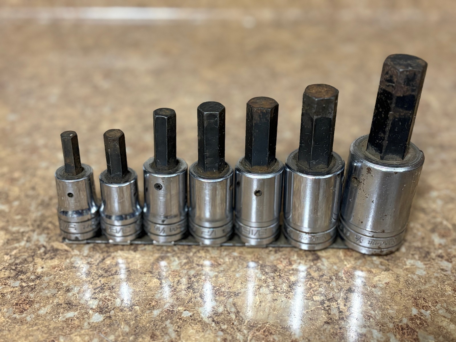 Snap-On 7 pc 307ESAY SAE 1/2″ dr hex head / allen head socket set 5/16-3/4 Used