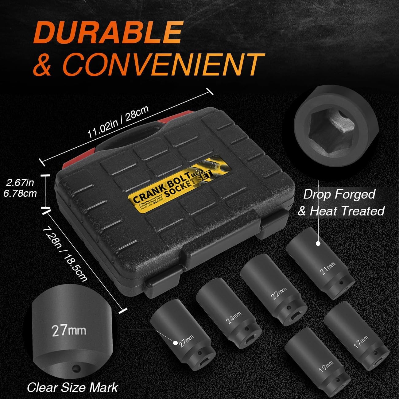 6 Pack 1/2» Drive Crank Bolt Socket Set – 17MM, 19MM, 21MM, 22MM, One Size