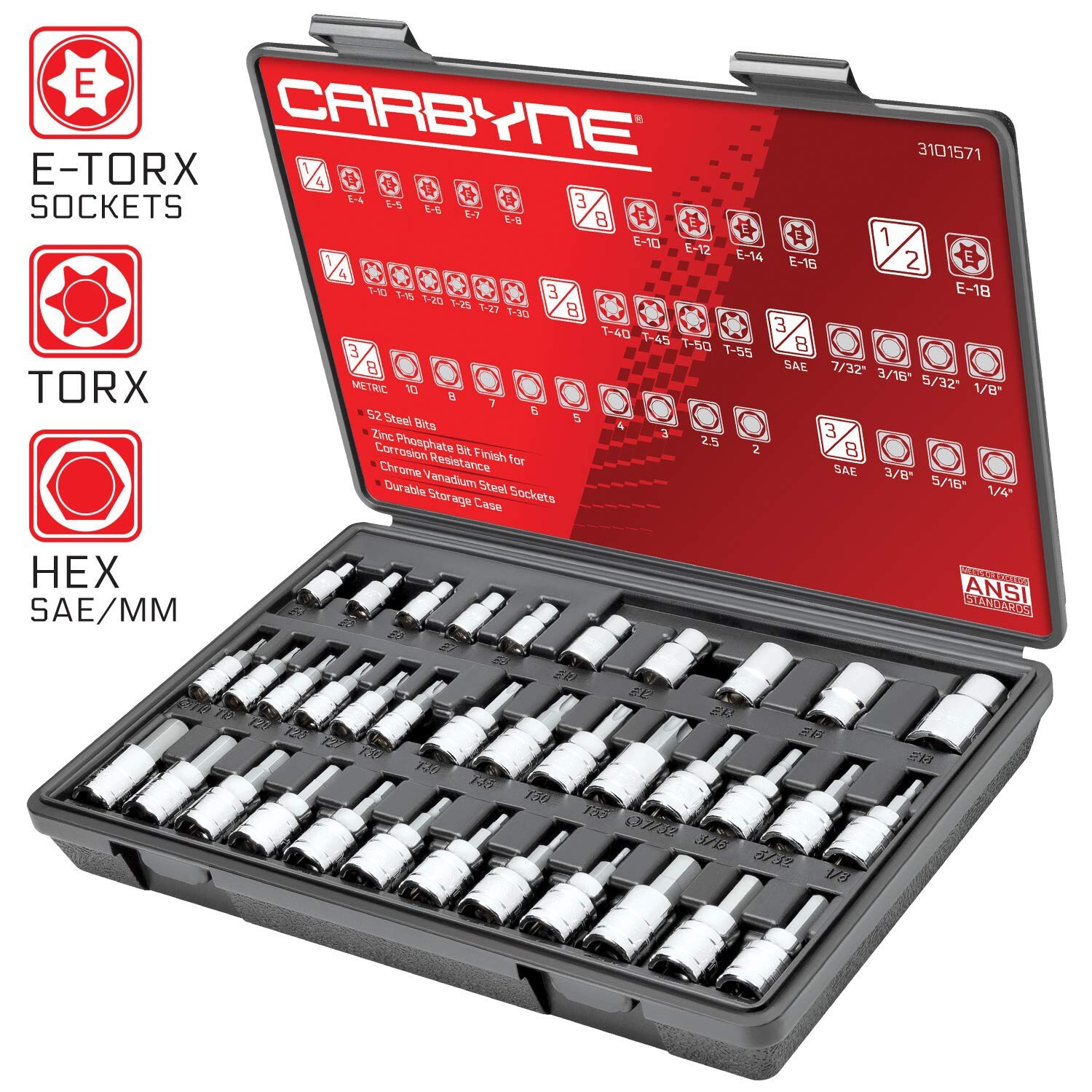 CARBYNE 36 Piece Hex, Torx Bit Socket & E-Torx Socket Set, S2 Steel | 1/4″, 3…