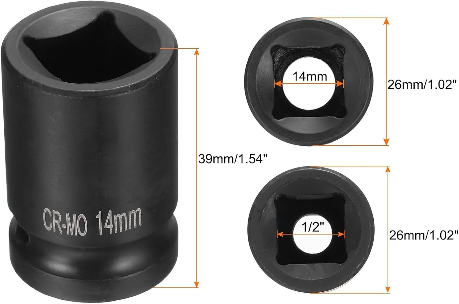 4 Point Square Socket 1/2″ Drive 14mm Impact Socket CR-MO Blackening