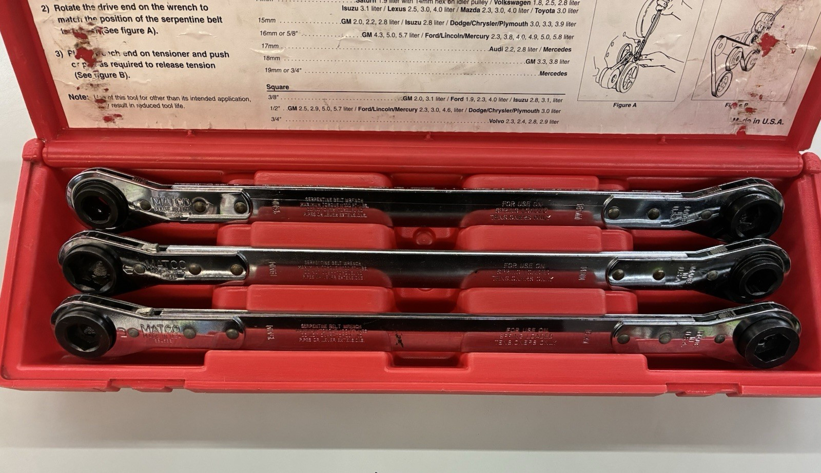 Matco Tools Universal 3 Pc Ratcheting Serpentine Belt Wrench Set USA Made SBK90