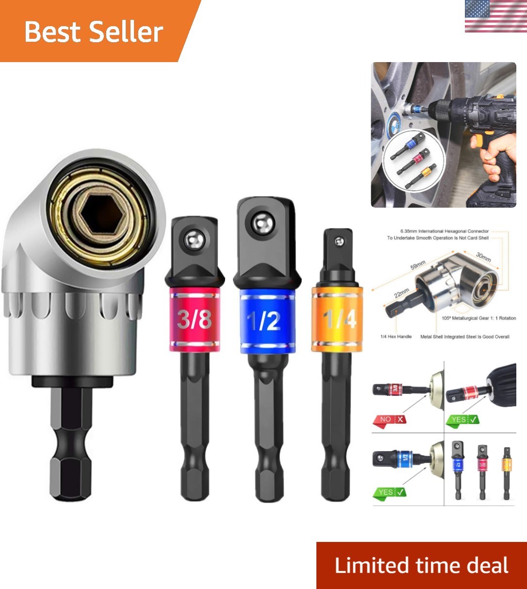 Versatile 1/4, 3/8, 1/2 Inch Hex Socket Adapters with Right Angle Extension Tool