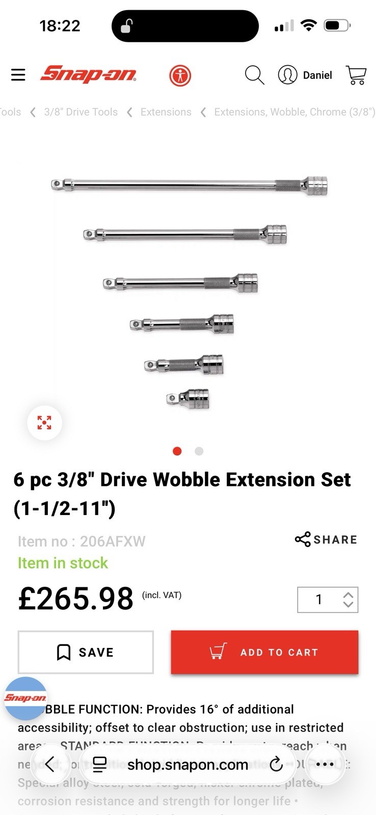 Snap On 6 pc 3/8″ Drive Wobble Extension Set (1-1/2-11″) – 206AFXW.