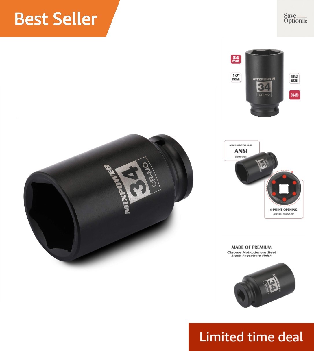 1/2″ Drive Deep Impact Socket, CR-MO, 34 mm, METRIC, 6 Point, Axle Nut Impact…