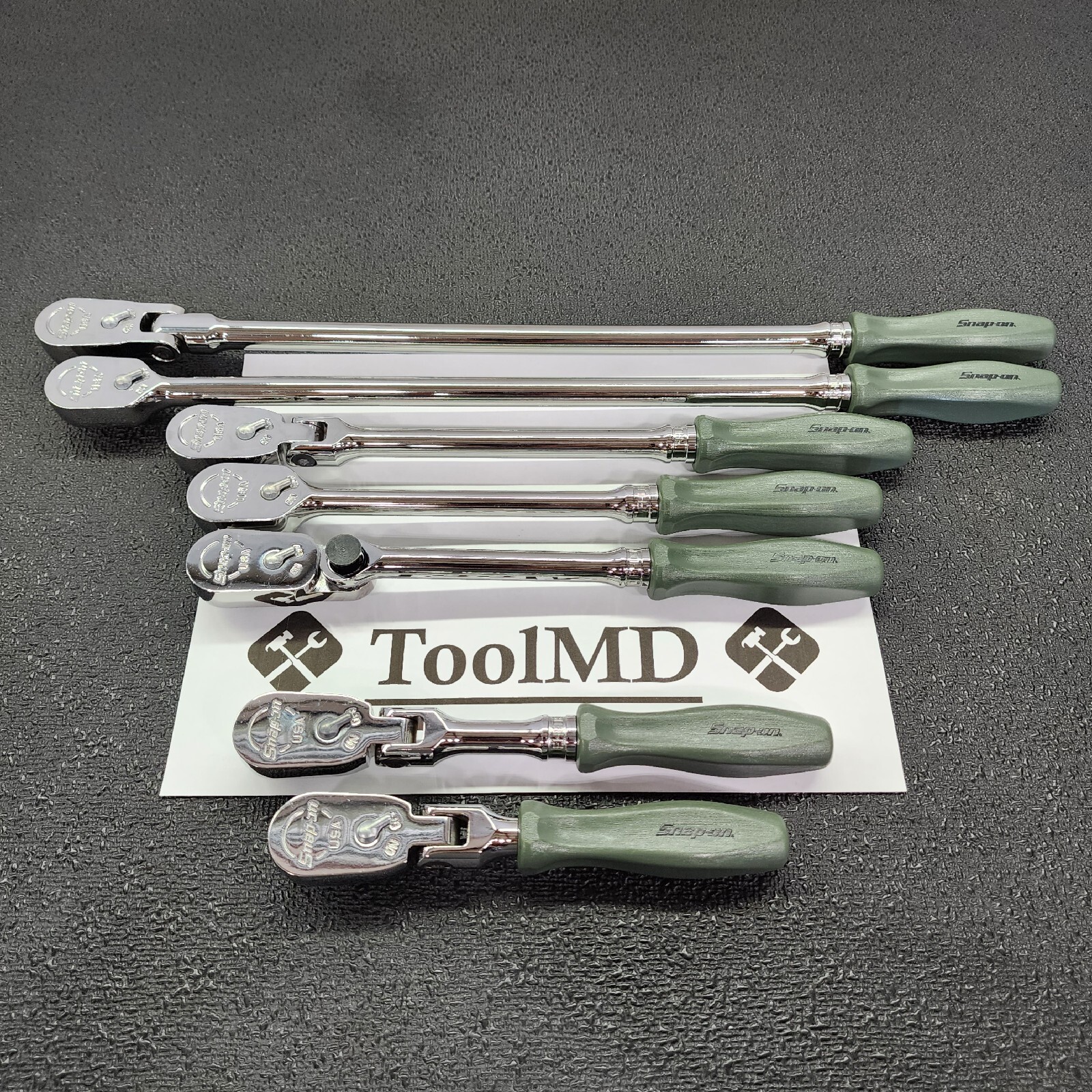 Snap-on Tools NEW 7pc COMBAT GREEN Hard Handle 3/8″ Drive Fixed Flex Ratchet Set