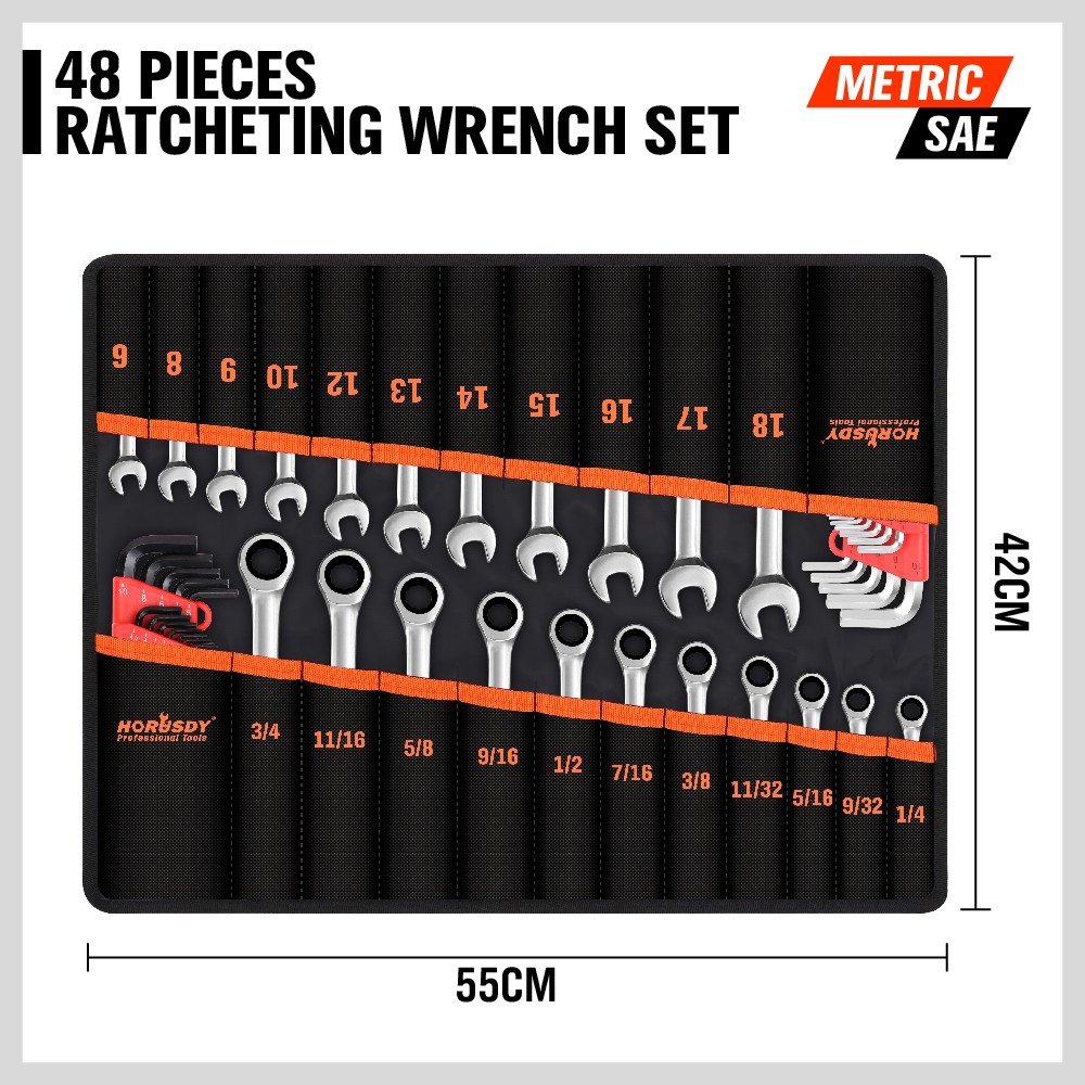 44pc Combination Ratcheting Wrench Set Metric & SAE + Hex Key + Mini Wrenches