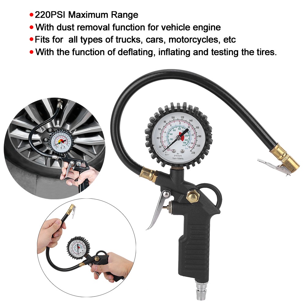 220PSI Automobile Tire Pressure Gun Inflator Gauge For Trucks Motorcycles