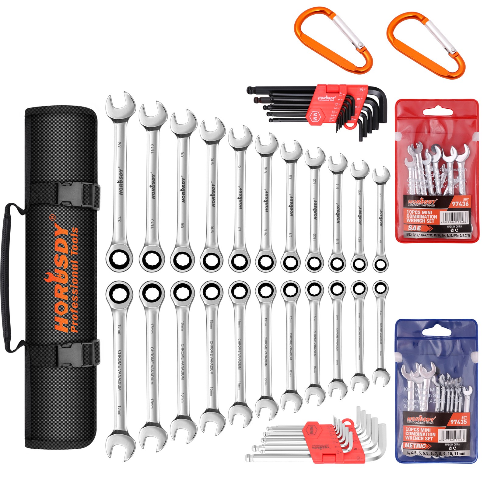 44pc Combination Ratcheting Wrench Set Metric & SAE + Hex Key + Mini Wrenches