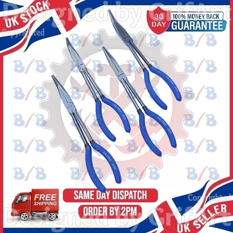 USPRO 4PC PLIER SET EXTRA LONG REACH NOSE LARGE NEEDLE OFFSET ANGLED BENT CURVED