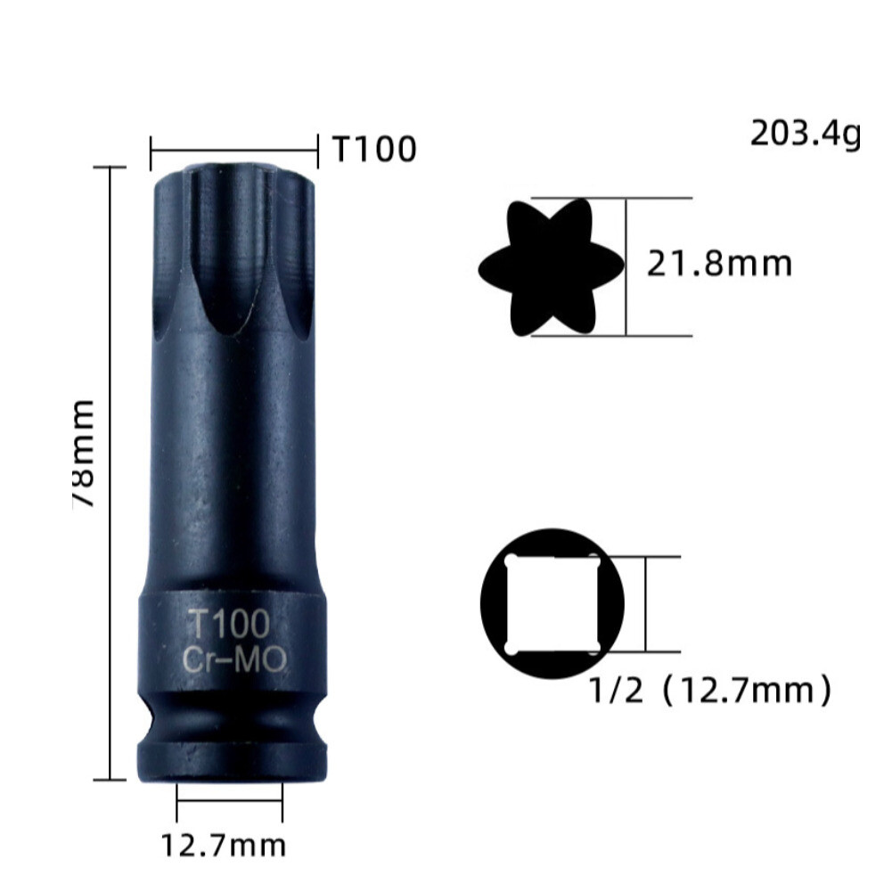 T100 Torx 6 Point Impact Bit Socket, 1/2-Inch Square Drive Screwdriver Adapter