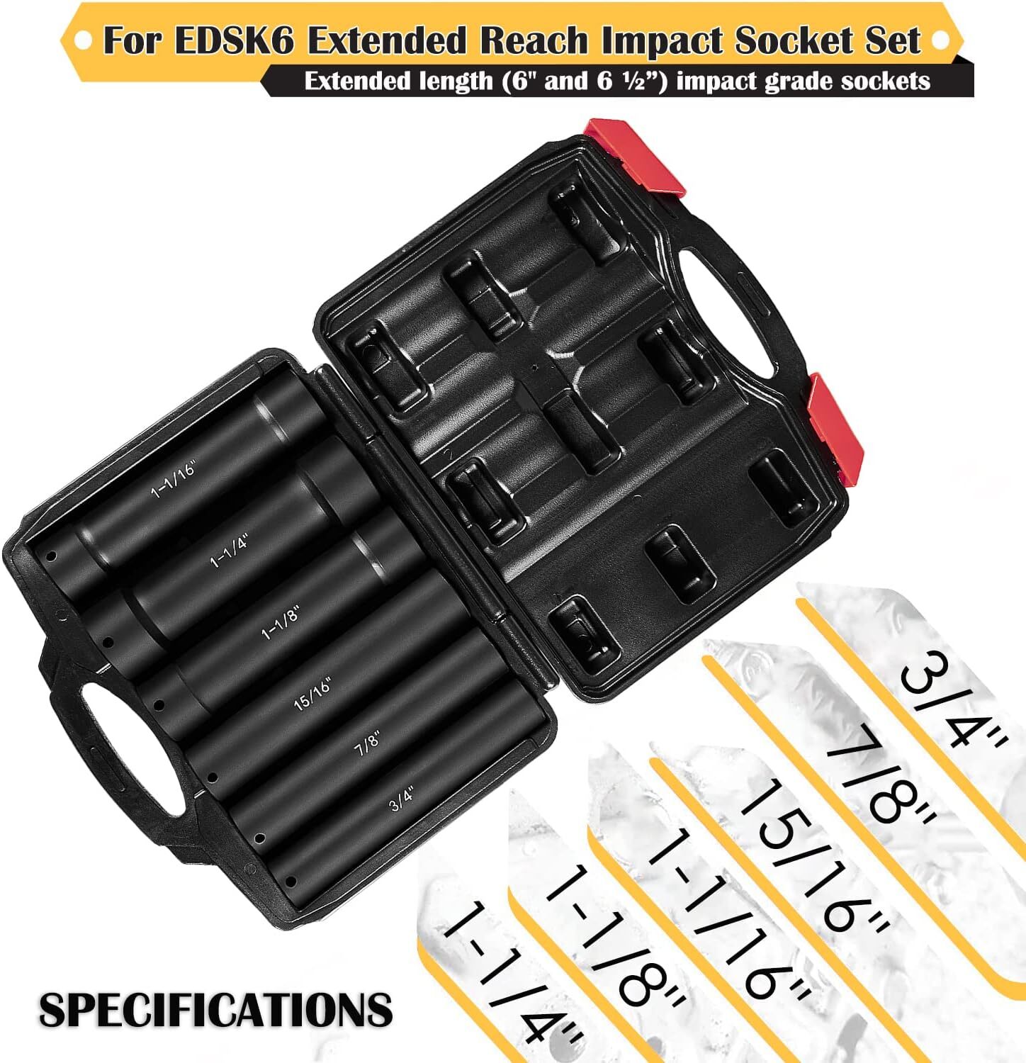 1/2 Inch Drive Extended Length Impact Socket Set 6 Sizes Heavy Duty with Case