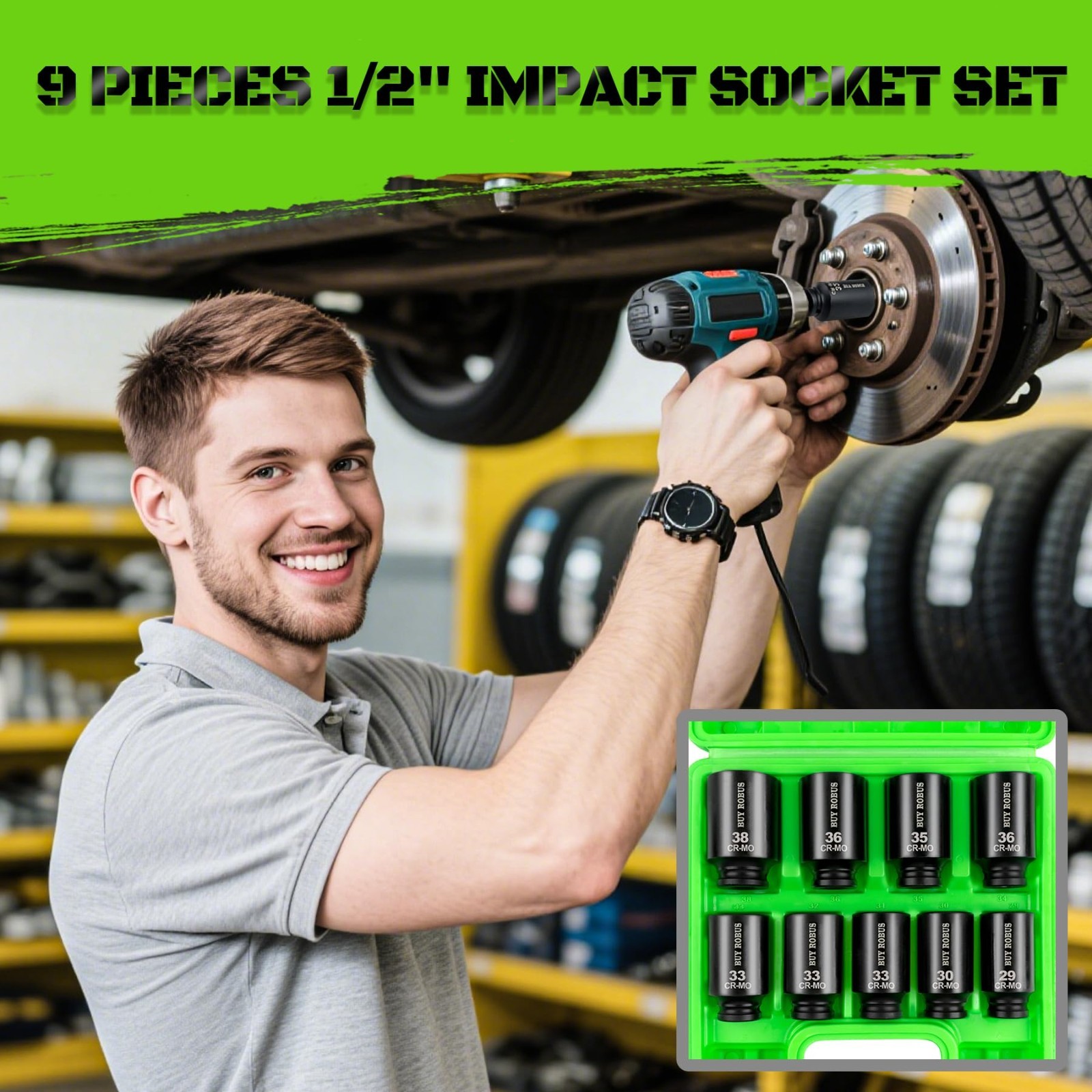 9-Piece 1/2″ Drive Deep Impact Socket Set – Metric Axle Nut Sockets 29mm-38mm, 6