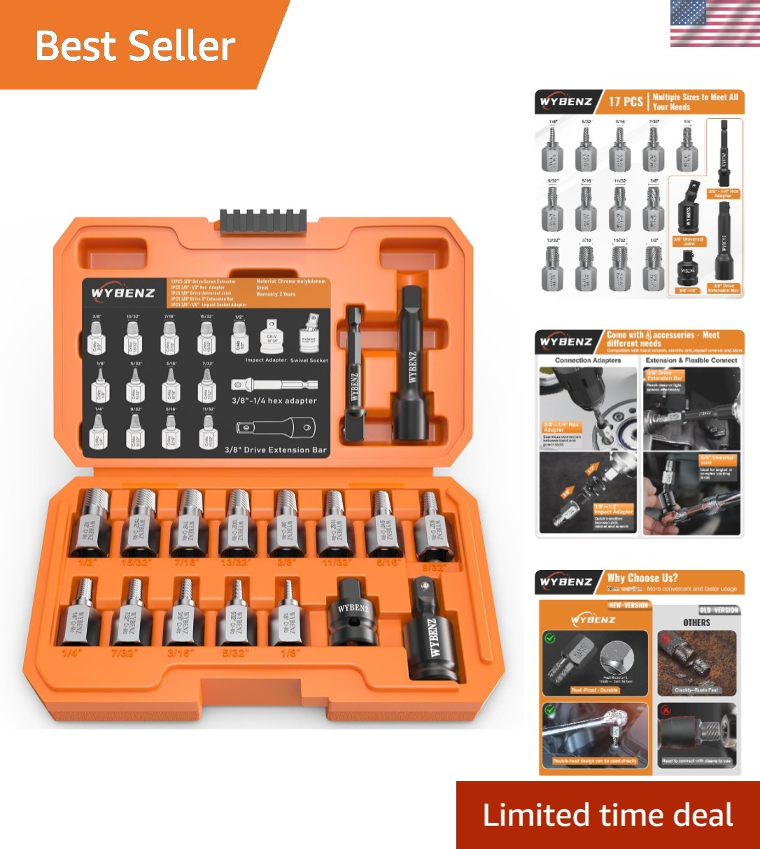 High-Quality 17-Pcs Bolt Extractor Set with Multi-Spline Design and Adapters